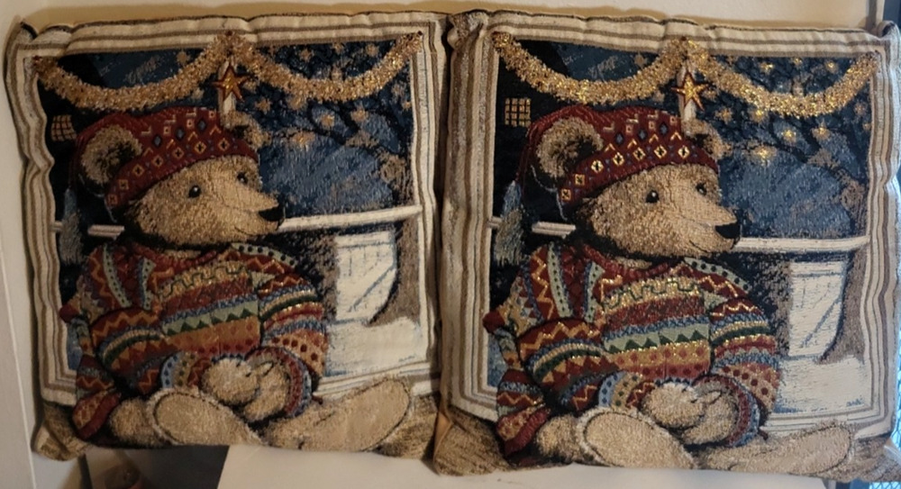Lot of 2 Tapestry Peace on Earth Boyds Bears VTG Throw Pillows Holiday 16 inch